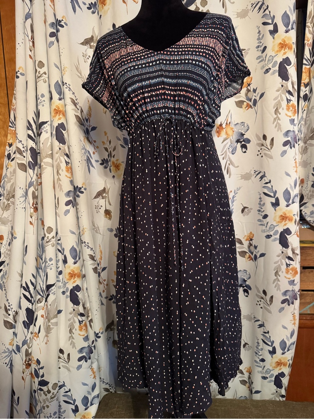 a:glow Dark Navy Midi Dress with Multicolor Patterned Yoke Maternity